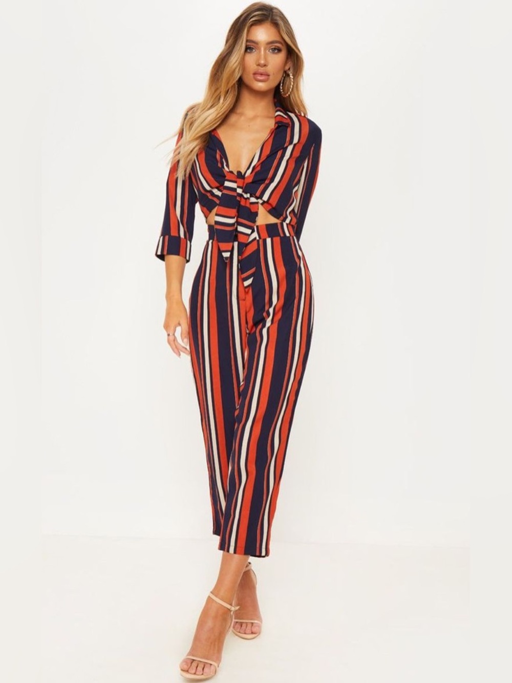 NWT PrettyLittleThing Striped Tie Front Jumpsuit US 2